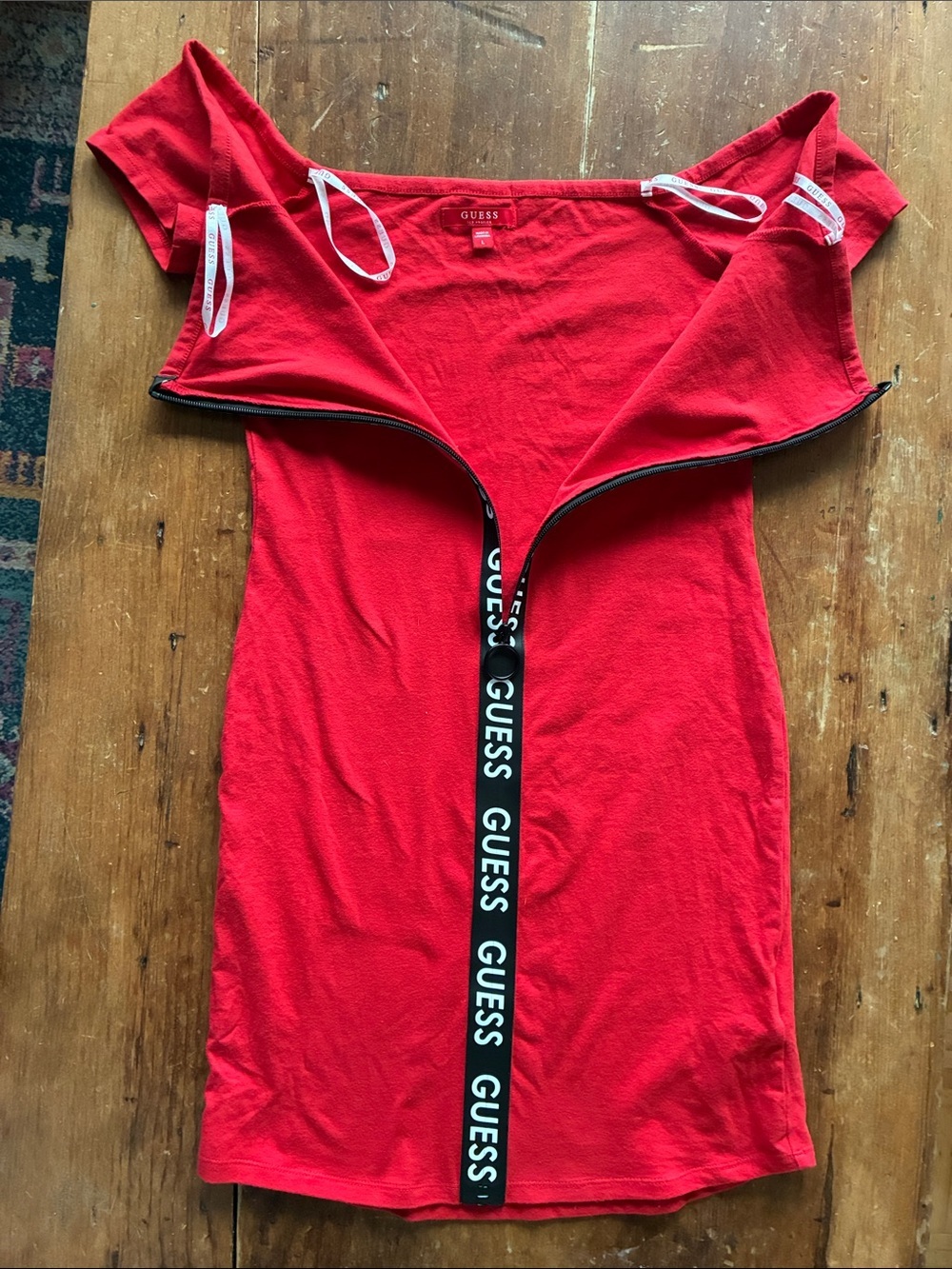 Y2K Guess Logo Zip Bodycon Dress | Off Shoulder Red Midi | Size L (Fits M-L) - Picture 2 of 7